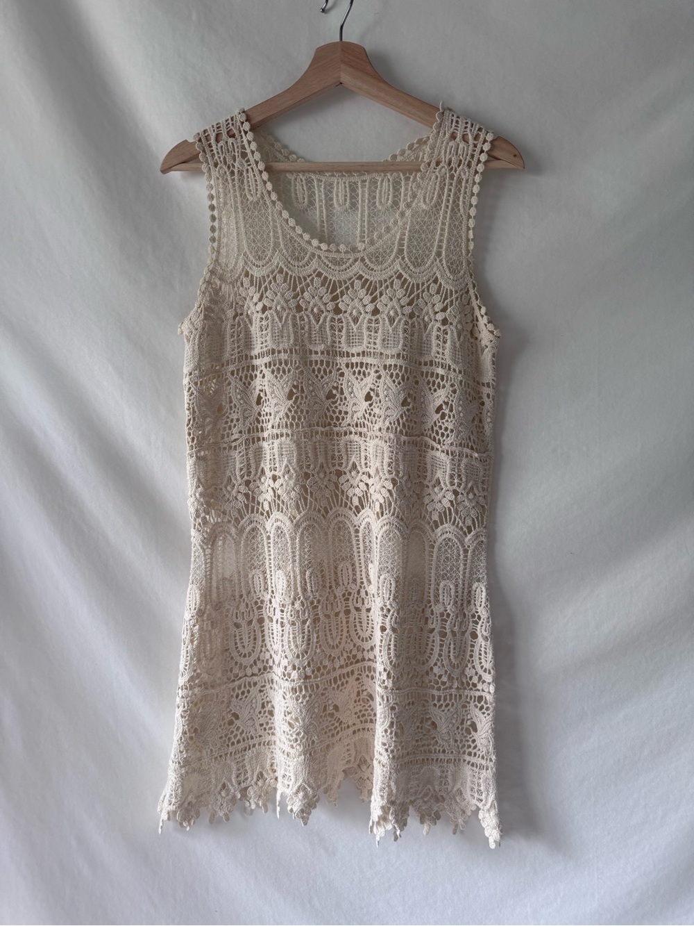 Ivory Crochet Lace Mini Dress Sheer Boho Tunic XS S - Picture 2 of 11